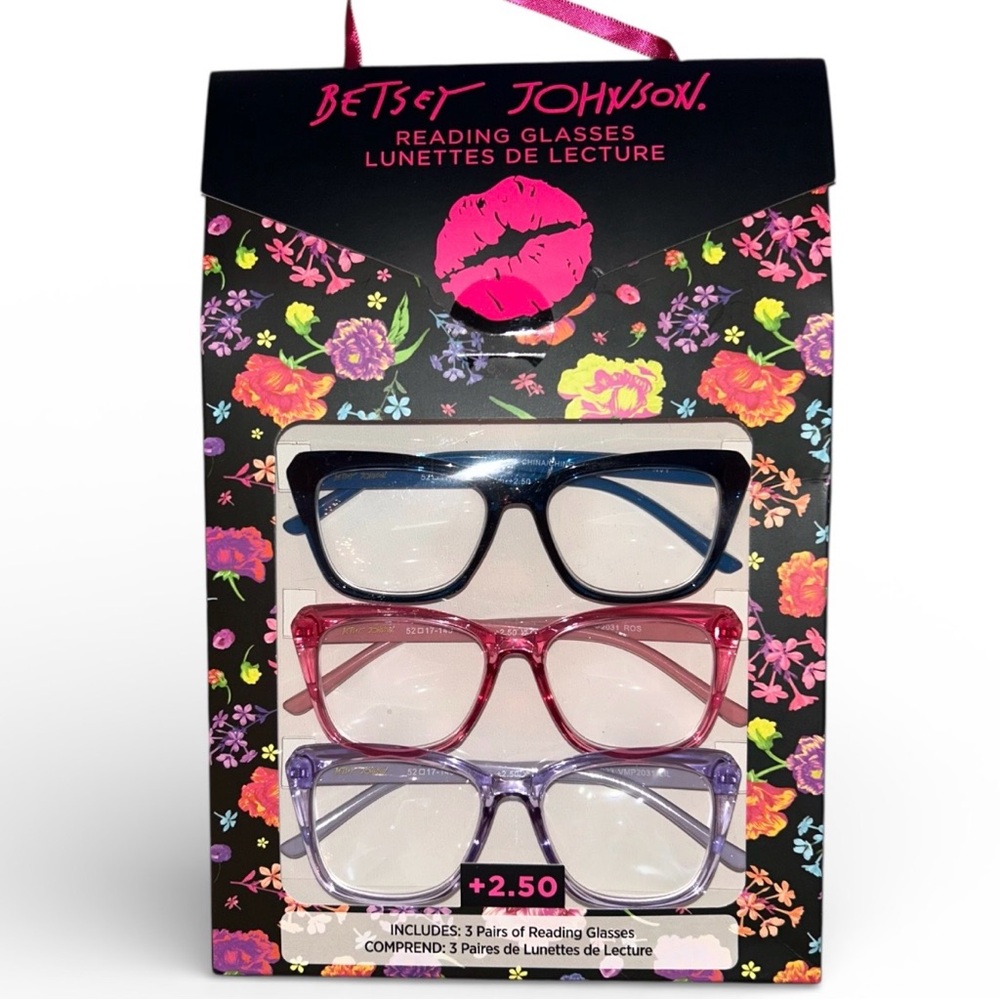 Betsey Johnson  Reading Glasses Trio - Black, Pink, Purple +2.50 NIB